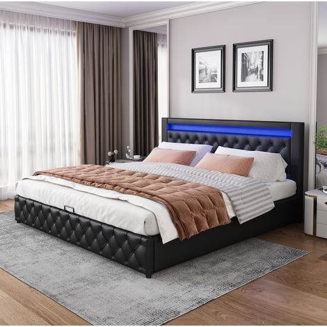 DESVIAE Lit rembourré avec sommier à lattes et coffre de rangement éclairage LED tête de lit 140 x 200 cm noir PU (1/5)