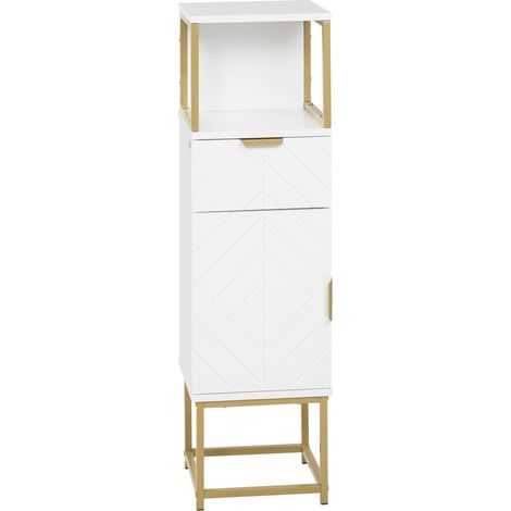 Colonne de salle de bains avec tiroir, placard et étagère en bois et métal, 30 x 30 x 105 cm, blanche (1/5)
