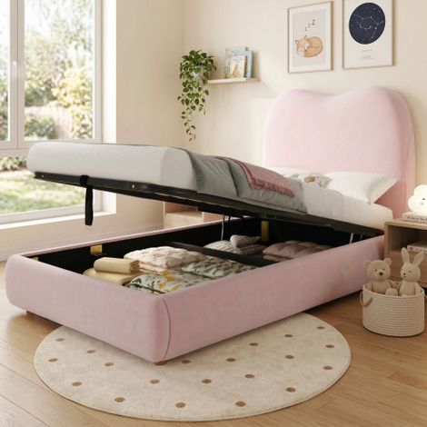 Pink Velvet Hydraulic Single Bed for Kids with Headboard and Ample Storage-3ft 90x190cm