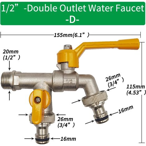 (D-1pcs) Adaptateur de robinet pour tuyau d'arrosage 1/2'', connecteur pour réservoir d'eau IBC, raccord de remplacement en laiton pour robinet d'irrigation 2 voies/1 voie, vanne à bille (1/5)