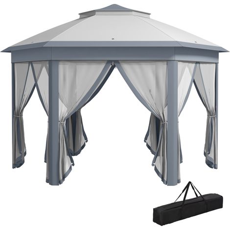 Faltpavillon 4 x 4m, Sechseck-Design, Netzvorhänge, wasserabweisend, Lüftungsdach, Grau+Weiß