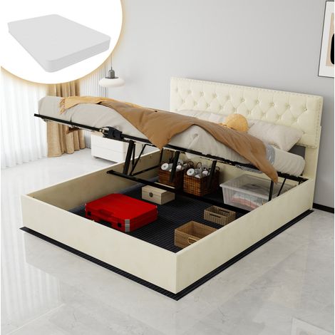 Lit rembourré moderne en velours hollandais beige 160x200 cm avec tête de lit haute, sommier à lattes et espace sous lit, matelas inclus