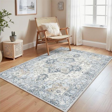 1 tapis de salon bleu vintage, 140 x 200 cm, envers antidérapant, lavable, poils ras, convient pour cuisines, salles à manger, bureaux et chambres (1/5)