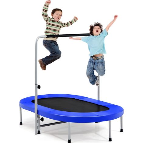 COSTWAY Trampoline Pliable pour 2 Enfants Intérieur/Extérieur avec Main Courante Ajustable Coussin Tapis de Saut Charge 150kg Bleu (1/5)