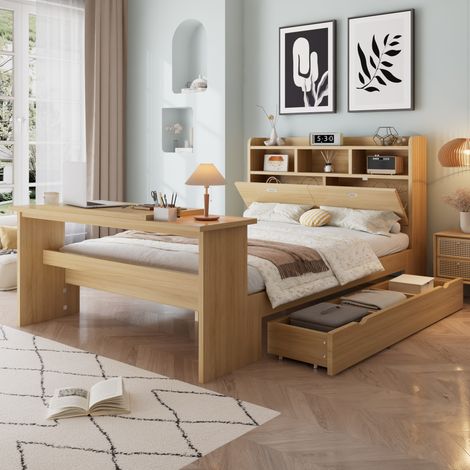 DESMIU Lit simple 140 × 200 cm avec rangement, table rabattable et étagère, sans matelas, naturel (1/5)