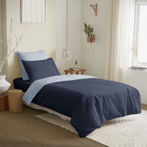 Pack complet 4 pièces Marine/Bleu Ciel réversible housse de couette pour lit 90 x 190 cm - Bleu - (1/2)