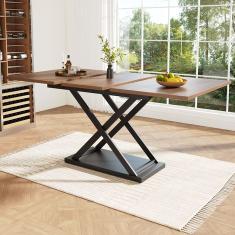 Table à manger extensible 120-160x80x75 cm noir et noyer en MDF et métal avec piètement croisé (1/5)