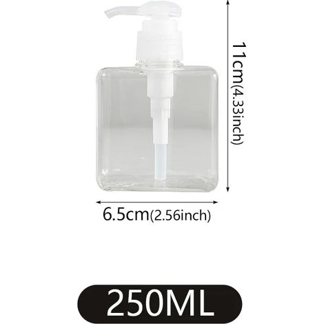 Flacon carré portable (transparent 250 ml) pour savon liquide mains, shampoing et corps. Flacon pompe à mousse rechargeable. Accessoires de salle de bain. (1/5)