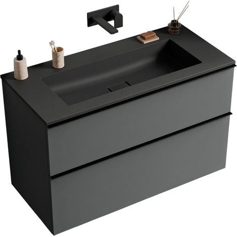 BERNSTEIN - Meuble vasque suspendu MDF Anthracite mat, lavabo fonte Noir mat sans trou robinet, poignée Anthracite mat 80x46x62cm - LAVOA (1/5)