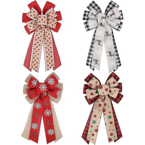 Lot de 4 nœuds décoratifs pour couronne de Noël, 20 x 33 cm, grand nœud en lin à carreaux Buffalo avec flocons de neige et cerfs, pour décoration de Noël, utilisable en intérieur et extérieur. (1/5)