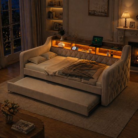 Canapé convertible compact 90x190cm velours beige, coffre de rangement intégré, éclairage LED et port USB-C, sommier 12 lattes, cadre robuste métal et bois – Parfait pour petit espace, chambre princip (1/5)
