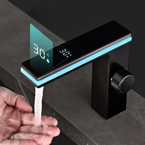 Robinet de Lavabo Intelligent LED - Mitigeur Électronique avec Affichage Numérique de Température - Eau Chaude/Froide - Design Moderne pour Salle de Bain (Incl. Flexibles 60 cm) (1/4)