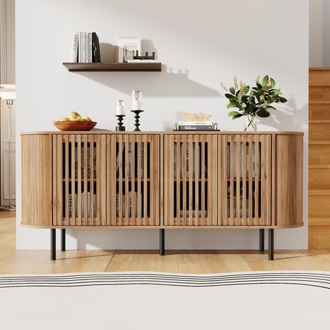 Sideboard 160x40x70 cm, 4 perforierte Schiebetüren, verstellbare Einlegeböden, MDF, Naturholzfarbe (1/5)