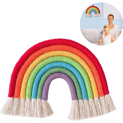 Tapisserie murale arc-en-ciel en macramé pour chambre, bébé ou salle de jeux. Petite tapisserie colorée en corde tressée avec pompons. Décoration artisanale à offrir. (1/4)