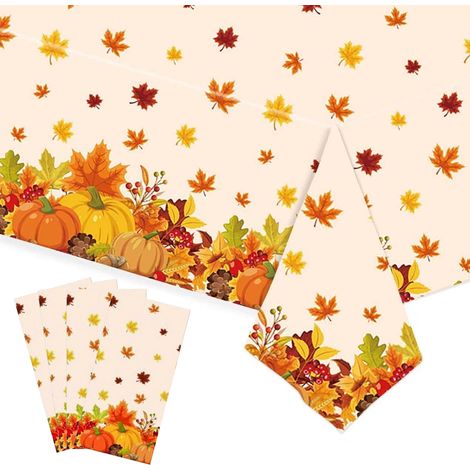 Lot de 4 nappes, plastique, motif feuilles d'érable et citrouille, résistant à la chaleur, pour table ronde ou rectangulaire, fête d'automne (1/5)