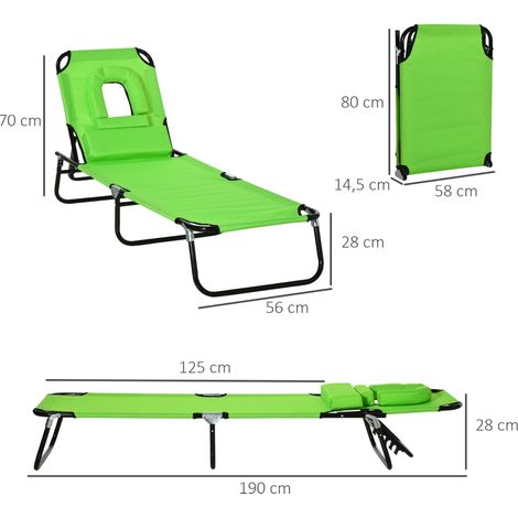 Transat avec ouverture pour le visage et coussin, pliable, housse déperlante, structure en métal, vert (1/5)