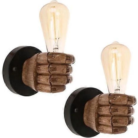 Lot de 2 appliques murales industrielles vintage en bois, en forme de poing, culot E27, pour chambre, lavabo, hall d'entrée ou restaurant - Côté droit - Marron PAGNE