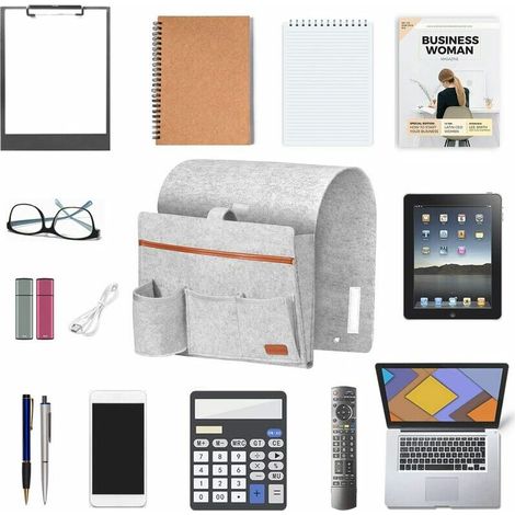 Organiseur de Canapé, 4 Poches mit Porte-Bouteille Sac de Rangement à Suspendre D'accoudoir, pour Bouteille, Magazines, Télécommande, Téléphone, Tablettes, et Livres - Gris Clair (1/4)