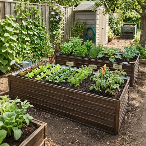 Carré potager avec fond ouvert, finition effet bois, en métal, 219x112x64 cm