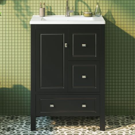 URBAN MEUBLE Mobile lavabo in ceramica laccata nera, 3 cassetti e anta laterale con chiusura ammortizzata, maniglie argentate, 62 cm (rubinetto non incluso) (1/5)