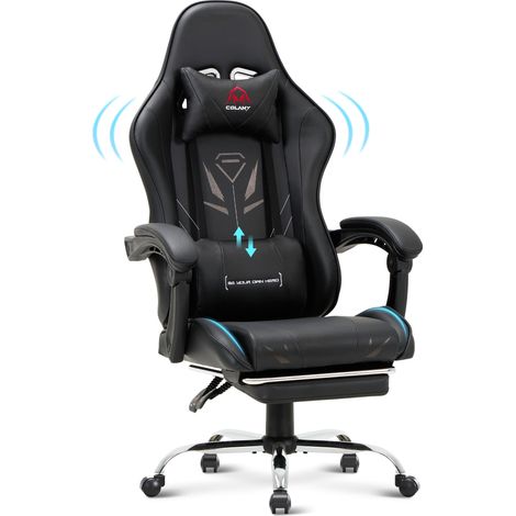 SMARTUE Silla gaming – Silla ergonómica para ordenador con reposapiés, soporte lumbar, reposacabezas, función de giro de 360° y respaldo alto, negro