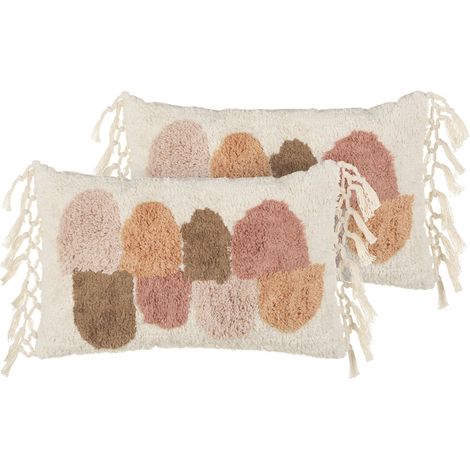 Set di 2 cuscini decorativi in cotone trapuntato con frange in stile boho 30 x 50 cm Multicolore Caltha (1/5)