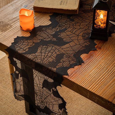 Chemin de table chauve-souris noire d'Halloween, nappe longue en dentelle style fantôme américain, accessoires de fête d'Halloween, tissu décoratif (1/5)