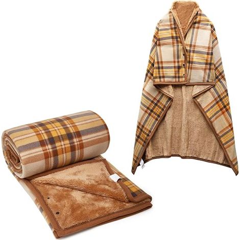 Écharpe en laine 2 en 1, couverture portable à carreaux, couverture au genou, couverture en peluche, 80 x 135 cm, écharpe à boutons, pour lit, bureau (1/5)