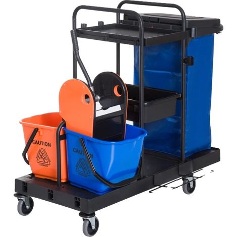 Carro de limpieza, 111 x 63,3 x 103 cm (largo x ancho x alto), capacidad de carga máxima 25 kg, incluye dos estantes, escurridor extraíble, cuatro ruedas de suave rodadura. (1/5)