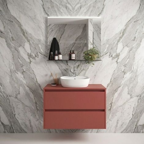 Mobile Bagno Sospeso 80 cm con 2 Cassetti e lavabo appoggio Rosso Satinato – Linea