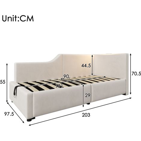 Canapé convertible 90x190 cm avec coffre de rangement hydraulique, éclairage de lecture intégré et port USB-C, lit pour enfant/adolescent, sommier en bois inclus, revêtement velours beige (1/4)