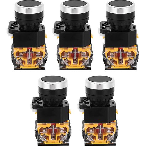 Cinq interrupteurs à bouton-poussoir de 22 mm, 37 V - 440 V, à réarmement automatique, sans voyant, en plastique, de forme circulaire. (1/5)