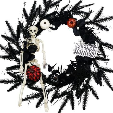 Couronne d'Halloween en forme de crâne de 55,9 cm pour porte d'entrée, décorations de porte d'entrée d'Halloween noires