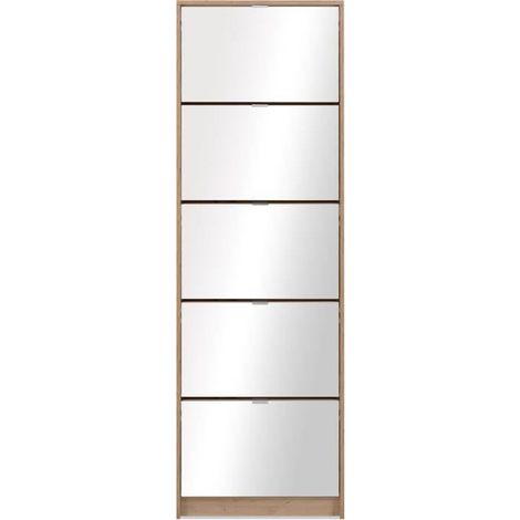 Meuble a chaussures - KOBLENZ - Chene artisan - 58 x 177 x 17 cm - 5 abattants - Facade miroir (1/5)