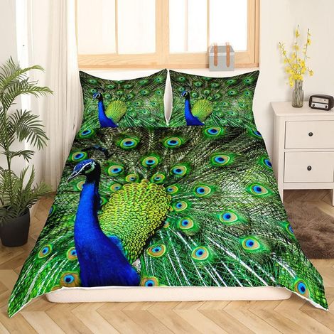 Bettwäscheset Pfau 135x200 cm Grün mit Kissenbezug 80x80 cm