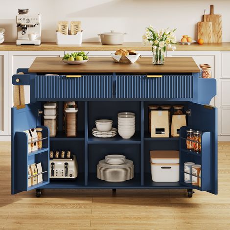 Desserte de Cuisine avec 2 Tiroirs et 2 Portes, Étagères à Épices, Porte-Serviettes, 143 × 45 × 89.5 cm, pour Cuisine, MDF, Bleu et Marron (1/5)
