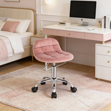 Chaise de bureau en velours et métal, réglable en hauteur, pivotante, avec roulettes, rose (1/5)