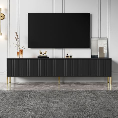 TV-Schrank (190x38x48 cm), viel Stauraum, gerillte Türen, goldene Beine, MDF und Spanplatte, Schwarz (1/5)