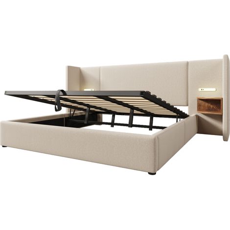 Letto matrimoniale imbottito 180x200 con comodino, lampada da lettura e USB-C (1/5)