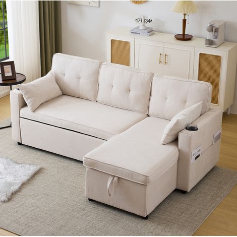 Canapé d'angle convertible 211x129,5x86 cm en tissu beige, avec rangement pour salon FloraGrace (1/5)