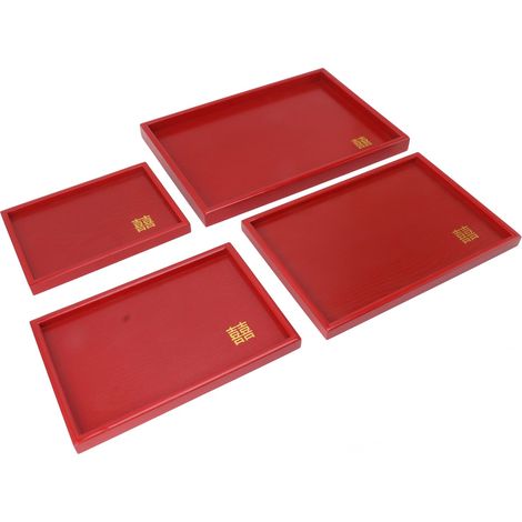 Plateau de service carré en bois, style chinois, rouge, pour thé, café et autres gourmandises. Idéal pour les mariages. (1/5)