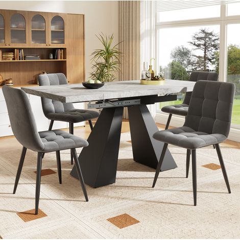 Mesa de comedor extensible 99-159 x 74 x 77 cm con 4 sillas grises de terciopelo DESVIAE (1/5)