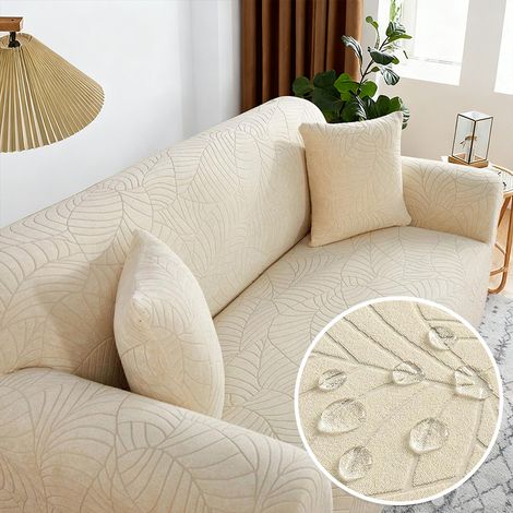 Fodera per divano estensibile impermeabile 100% tessuto Jacquard crema/gialla – per divano da 1 posto (90 a 140 cm), senza fodere per cuscini, protezione completa contro macchie e abrasioni.