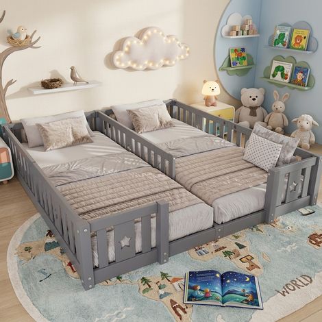 Lit enfant au sol 2x90x200 cm - Lit montessori avec sommier à lattes + barrière de sécurité - Lit double 2 places - Pin massif gris (1/5)