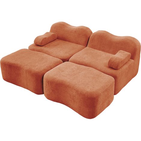 Divano modulare 2 posti con 2 pouf in velluto arancione HOMVRA (1/5)