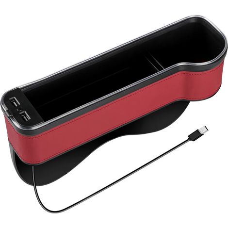 (Rouge droit 1 pièce) Organisateur de voiture avec LED colorée, combleur d'espace pour siège auto, double port USB de charge, boîte de rangement en PU avec porte-gobelet.