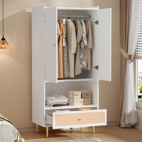 Armadio con 2 ante, un ampio cassetto in rattan e un'asta appendiabiti. Armadio per camera da letto con gambe e maniglie in metallo, perfetto per camere da letto e soggiorni. Colore: Bianco, Dimension
