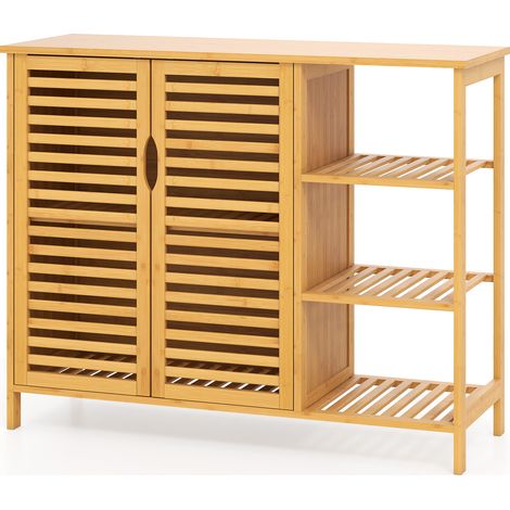 COSTWAY Bamboo Bathroom Cabinet 2-Door Storage Organizer w/Shelves-Natural (1/5)
