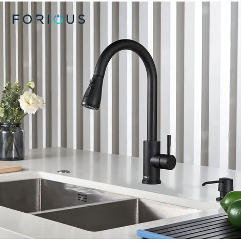 Mitigeur de cuisine en acier inoxydable 304 – Finition noir dépoli – Douche extensible 3 modes – Rotation 360° pour accès facile