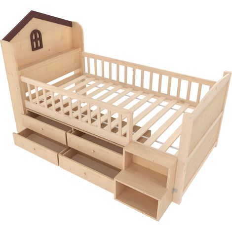 Lit mi-hauteur, 90x200cm, forme maison, fenêtre, 4 tiroirs, bande LED, escalier de rangement, sans matelas, naturel (1/5)